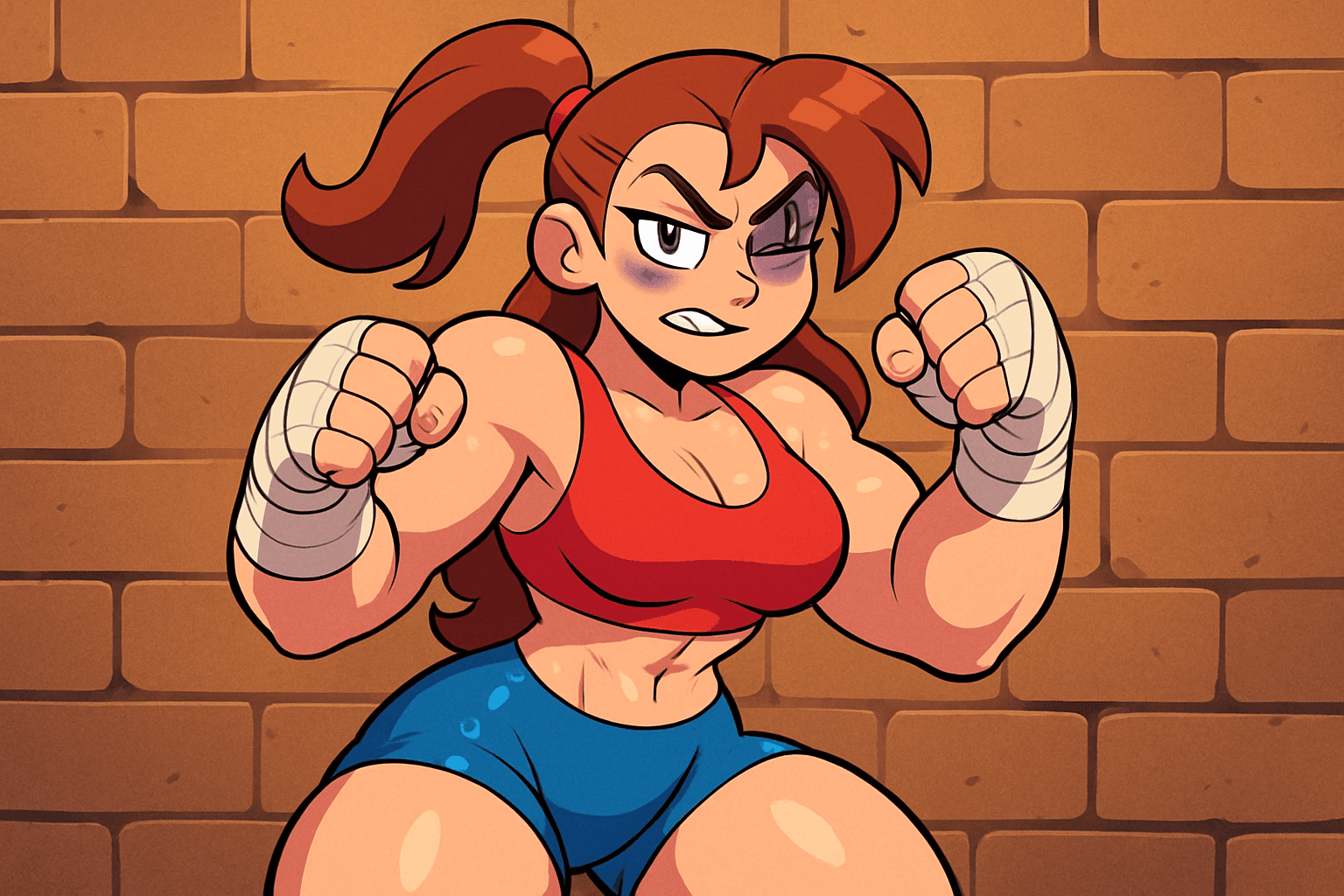 AI generated: Curvy female boxer, fists raised to fight, black eye