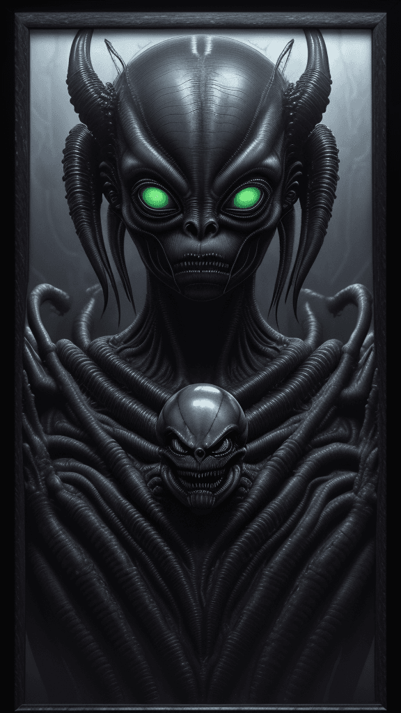 AI generated: "Alien-inducing Xenomorph RFKTR-style headshot framed((club card)):2.2 featuring H.R. Giger's master...