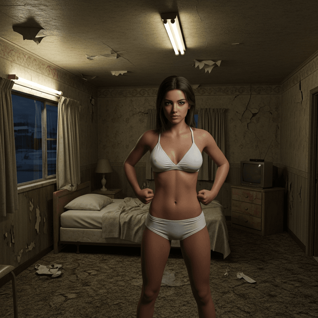 AI generated: In a very cheap looking motel room. One beautiful brunette girl with a tan and brown eyes is standin...