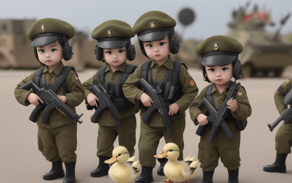 AI generated: little ducklings going to war ducklings dressed in military uniforms and wearing guns