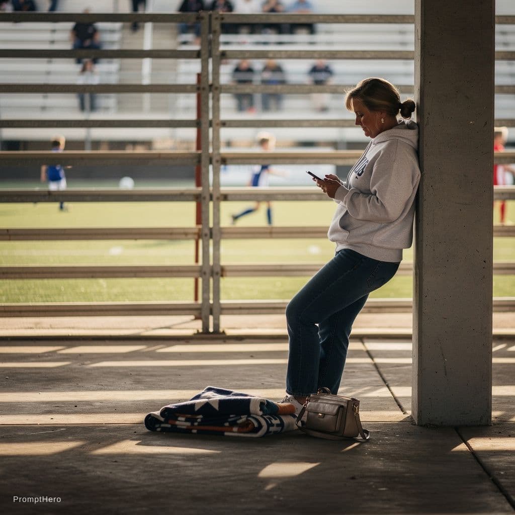 AI generated: a middle aged mom, under the grandstands during her sons soccer game, jeans pulled down to knees, ge...