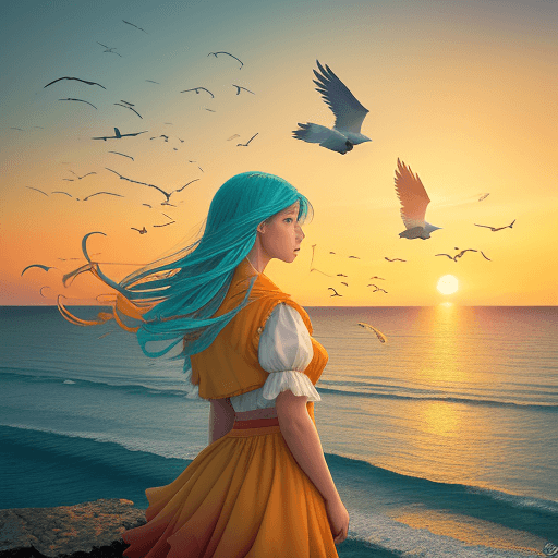 AI generated: Landscape, sea, girl angel looks into the distance at sunrise. Flying birds. The colors in the photo...