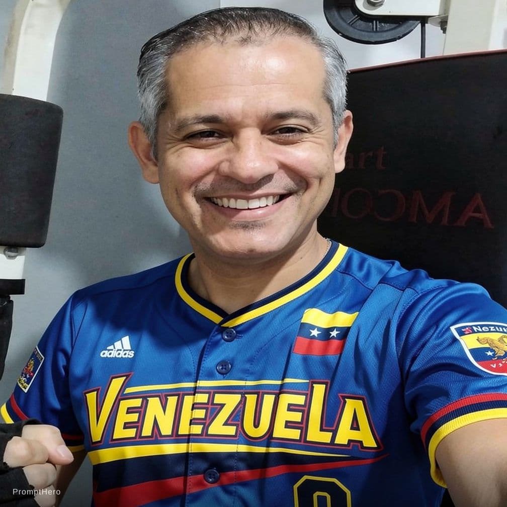 AI generated: hombre de la imagen de referencia, feliz  con el uniforme color azul de Venezuela beisbol 2026
