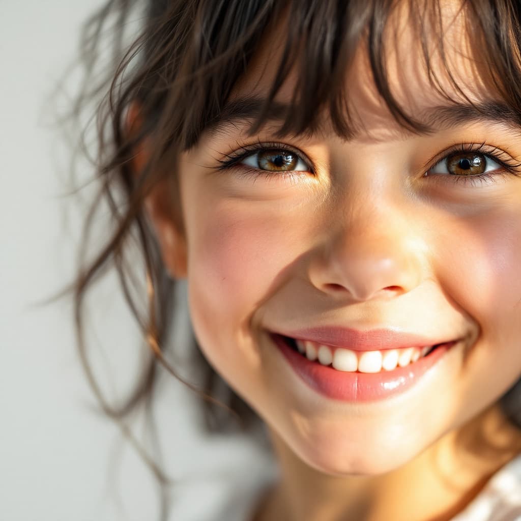 AI generated: close-up of a 7 year old with a smile curling from her lips against a white background, her features...