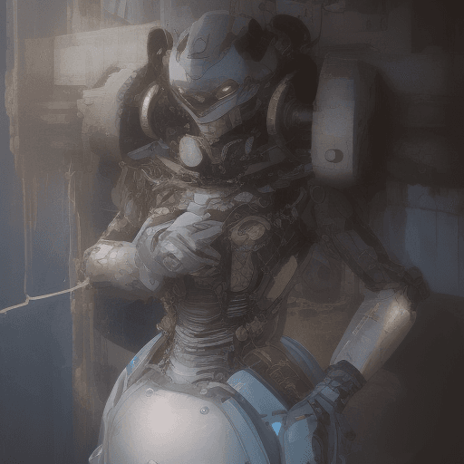 AI generated: A robot with a coin or token in place of a heart inside its metallic chest, standing in front of a b...