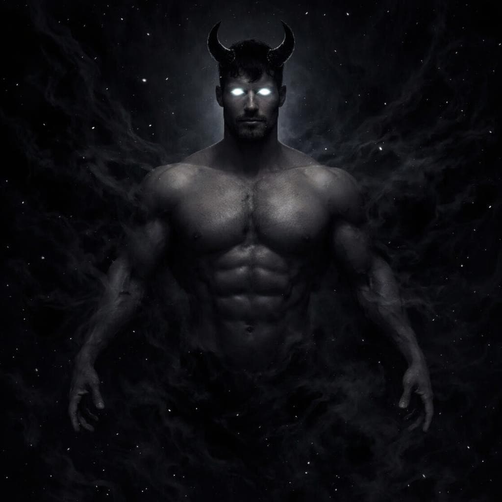 AI generated: turn this man into the god of the void and of nothingness have him floating in the void with no shir...