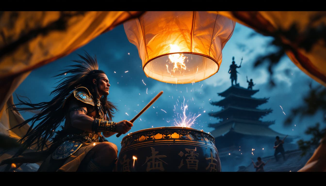 AI generated: The shot is filmed inside a paper lantern floating into the sky, its flame casting flickering patter...