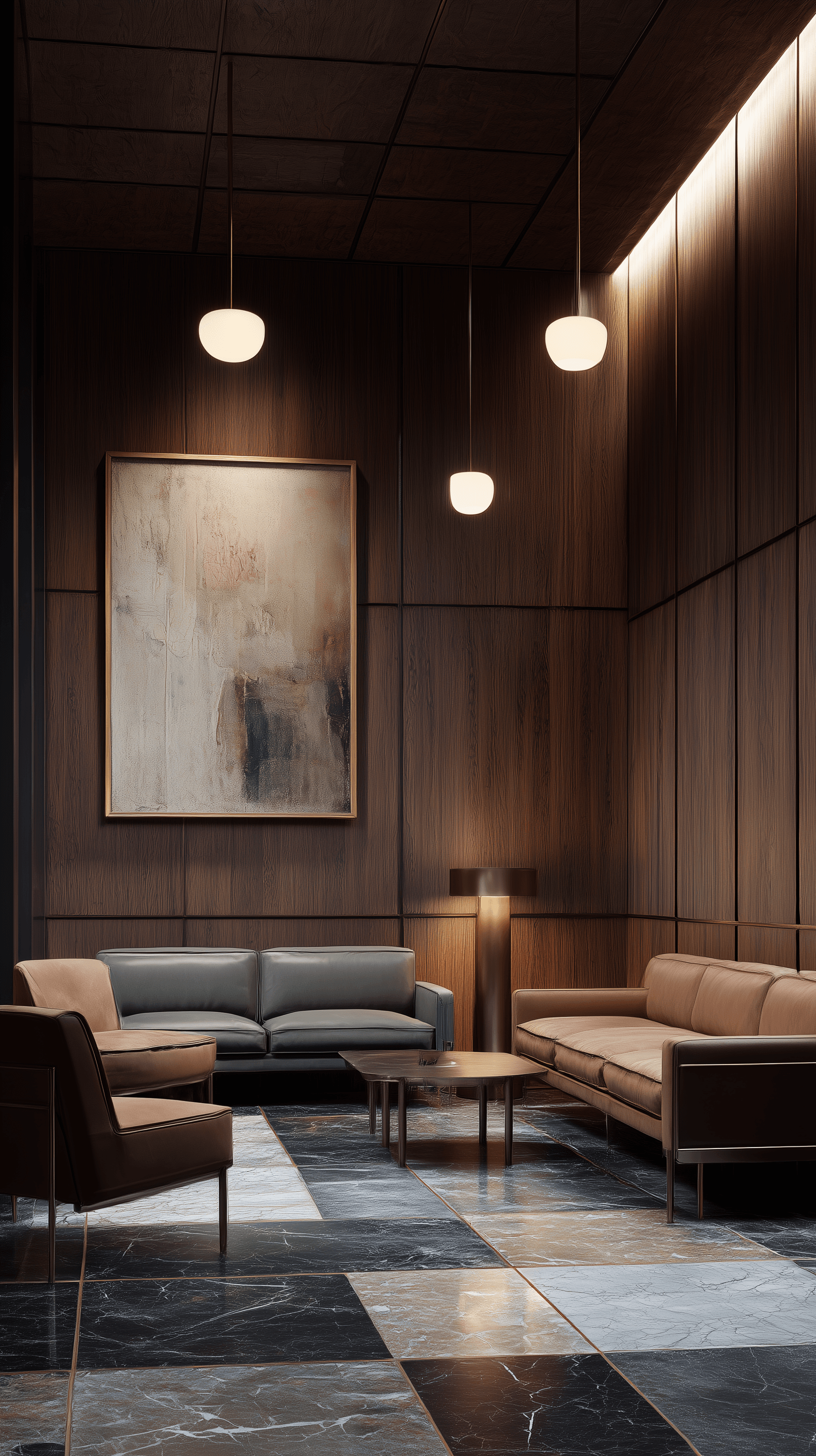 AI generated: vintage lounge space interior, wooden paneling wall material, minimalist furniture, dark marble floo...
