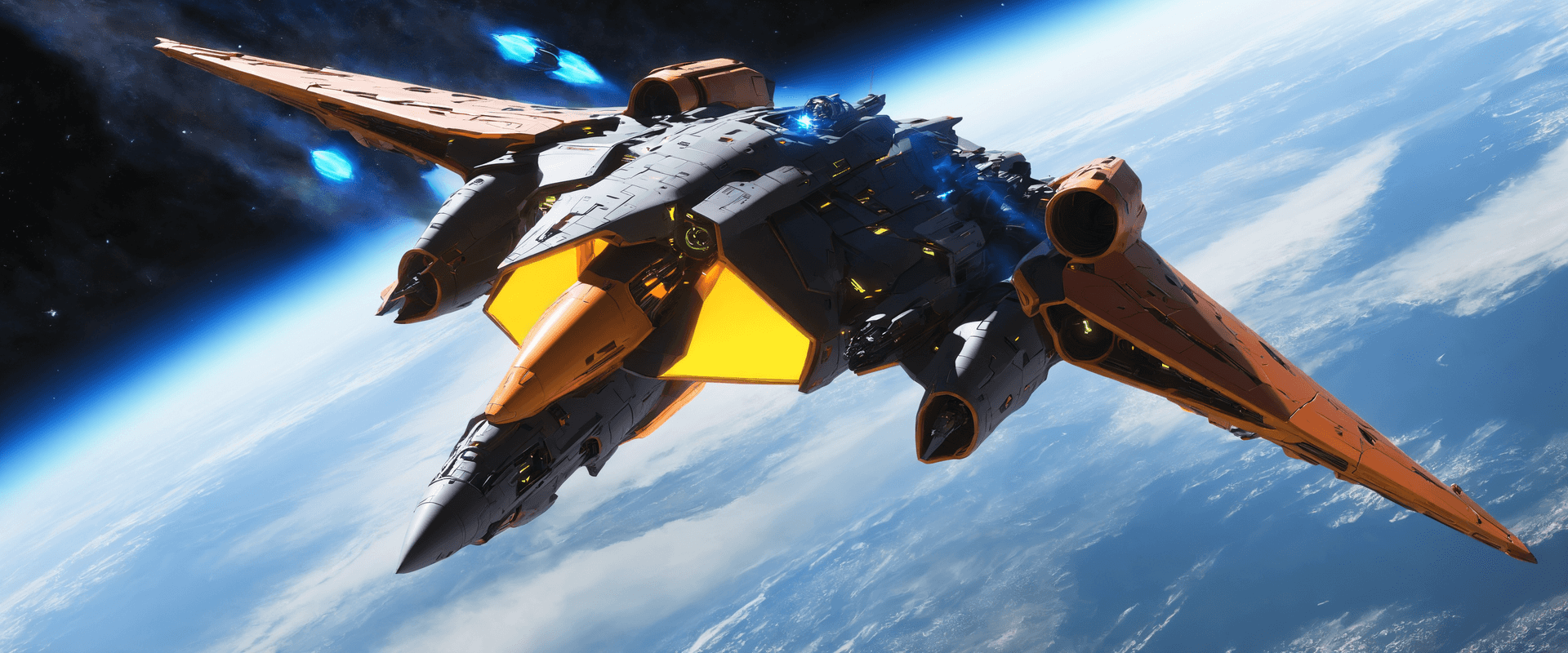 AI generated: concept art a futuristic military space craft, space craft is hovering in the air with blue flames b...