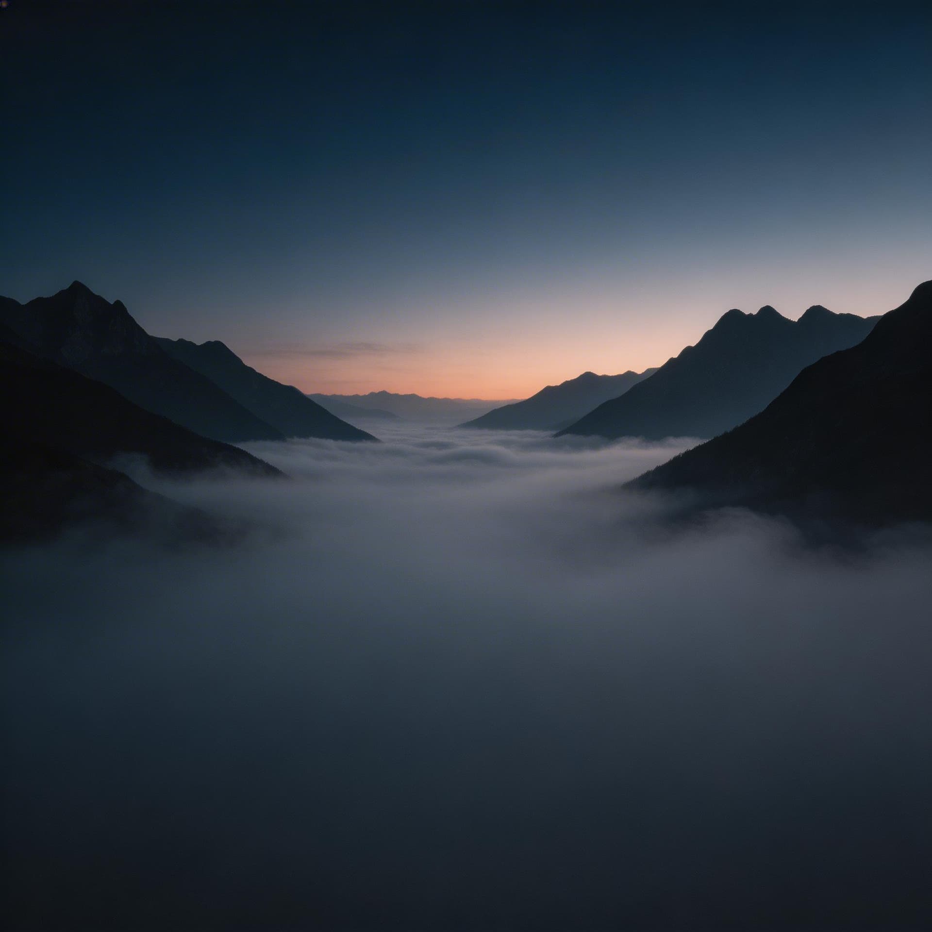 AI generated: dark mountain landscape at dusk, fog rolling through the valley, cinematic lighting, stoic solitude ...