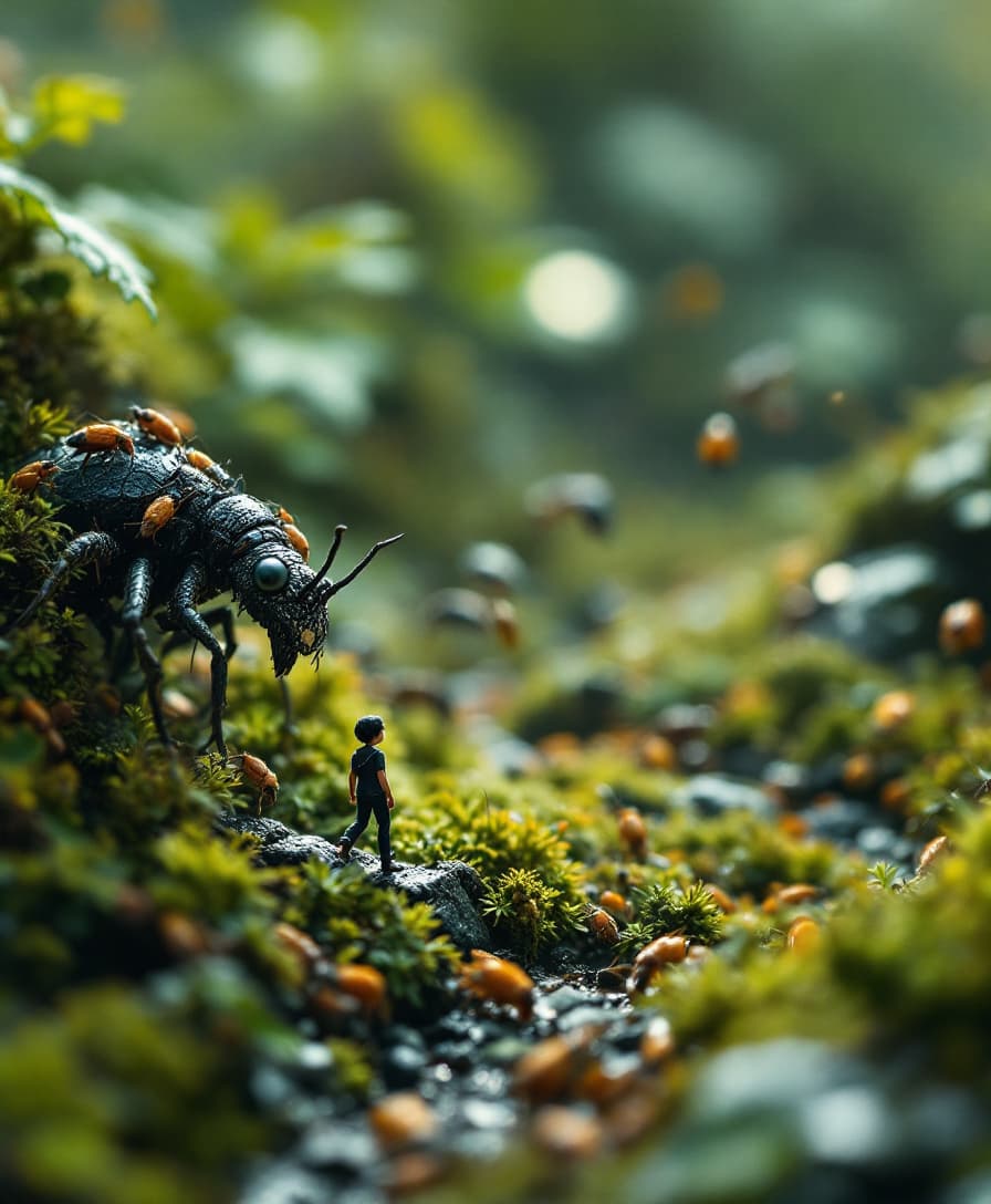AI generated: Tiny People, surounded by Giant insects, tilt shift Cinematic film still, shot on v-raptor XL, film ...