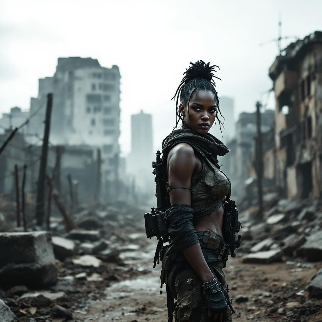AI generated: : A photorealistic African image of a female warrior in a destroyed metropolis. She wears detailed t...