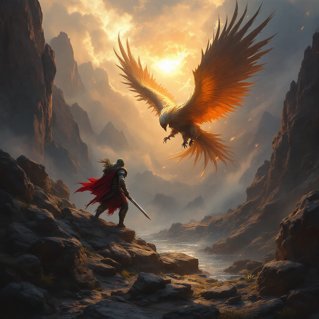 AI generated: Prompt Positivo: epic fantasy scene, (warrior battling griffin:1.3), rocky mountain, dramatic lighti...