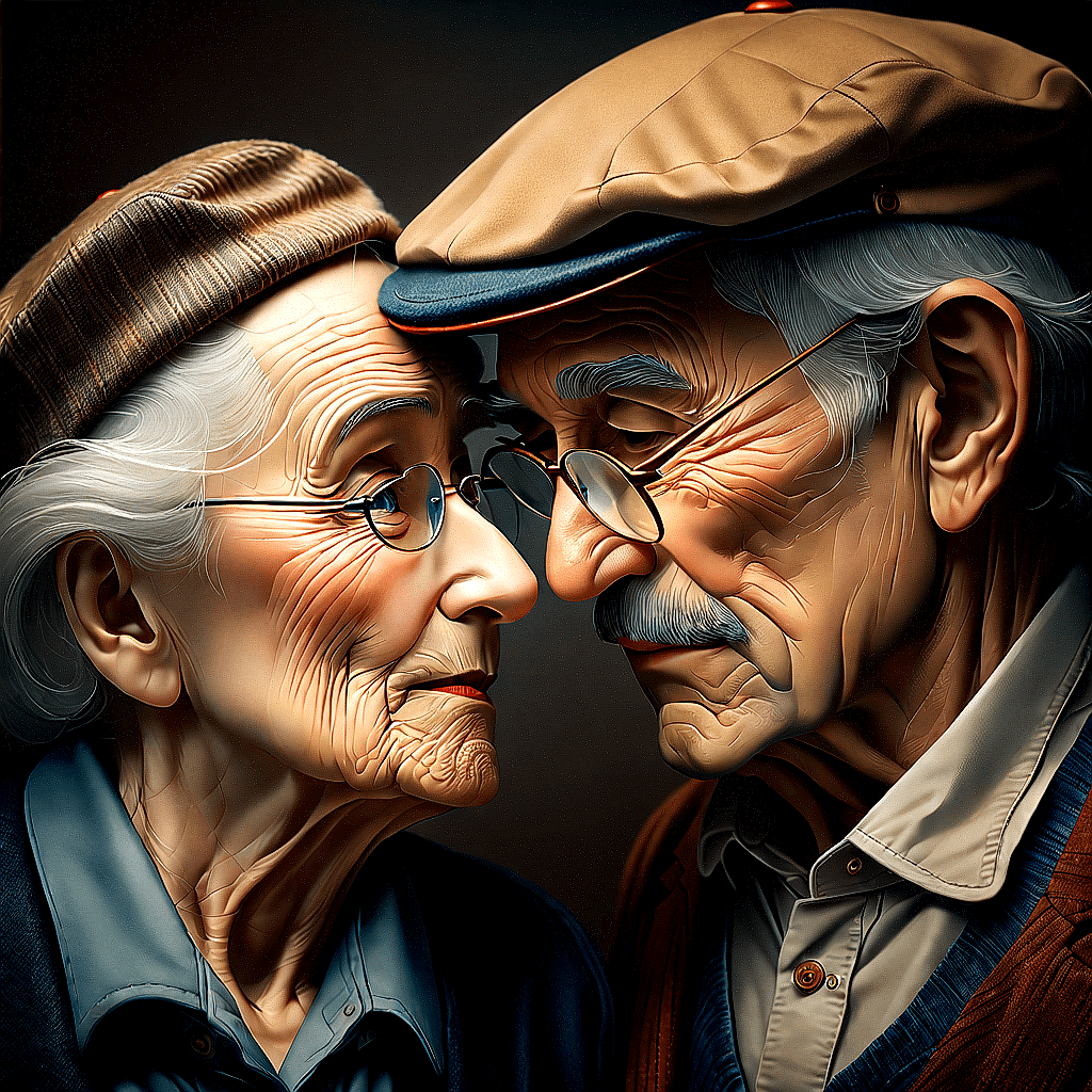 AI generated: The image features an elderly man and woman standing close to each other, with their noses touching....
