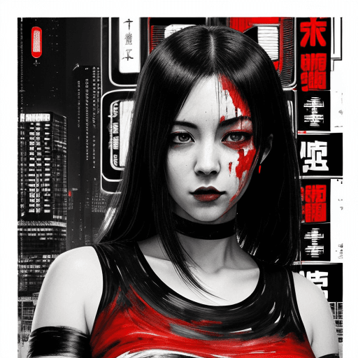 AI generated: poster of women in black and red and a woman in red shirt, in the style of modern ink painting, cybe...