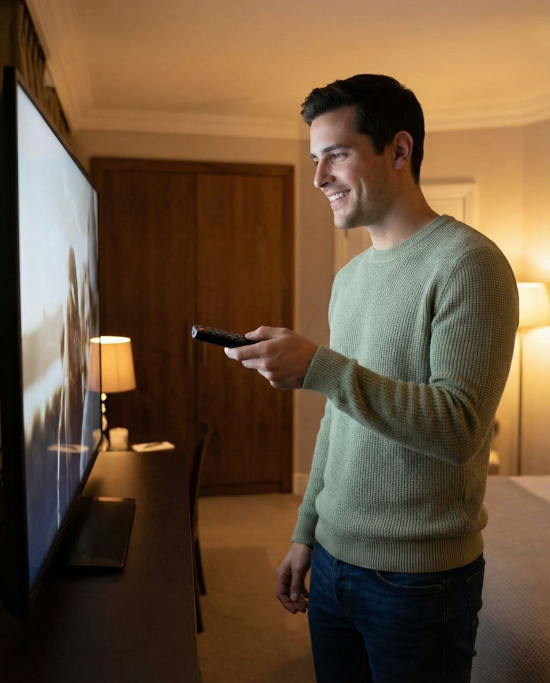 AI generated: At a nice bedroom at night, the Hispanic guy has a happy expression on his face. His hand is holding...