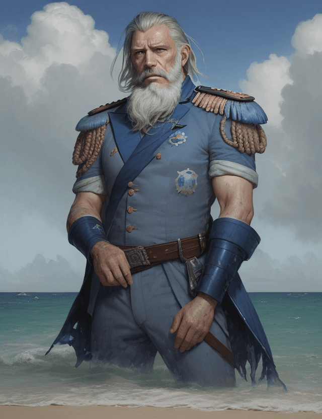 AI generated: A mentally instable male admiral, grey hair and beard, in torn  blue uniform abandoned on a tropical...