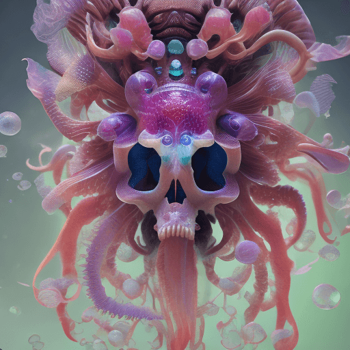 AI generated: Goddess close-up portrait ribcagel. jellyfish phoenix head, nautilus, orchid, skull, betta fish, bio...
