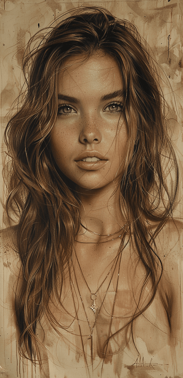 AI generated: a brown pencil drawing of a girl with long hair, in the style of hyper-realistic sci-fi, realistic h...