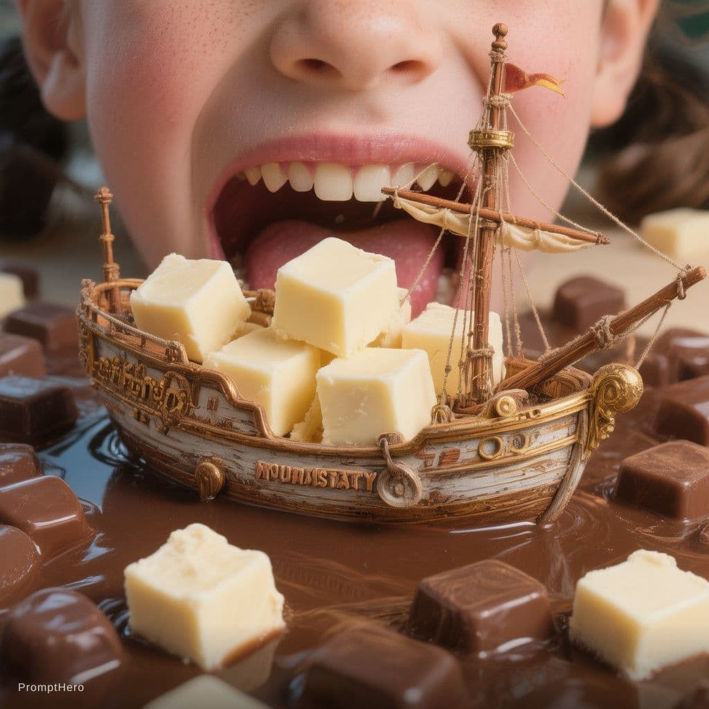 AI generated: cubes of white chocloates in a small ship floating in a pool of liquid dark chocolates and zooming o...