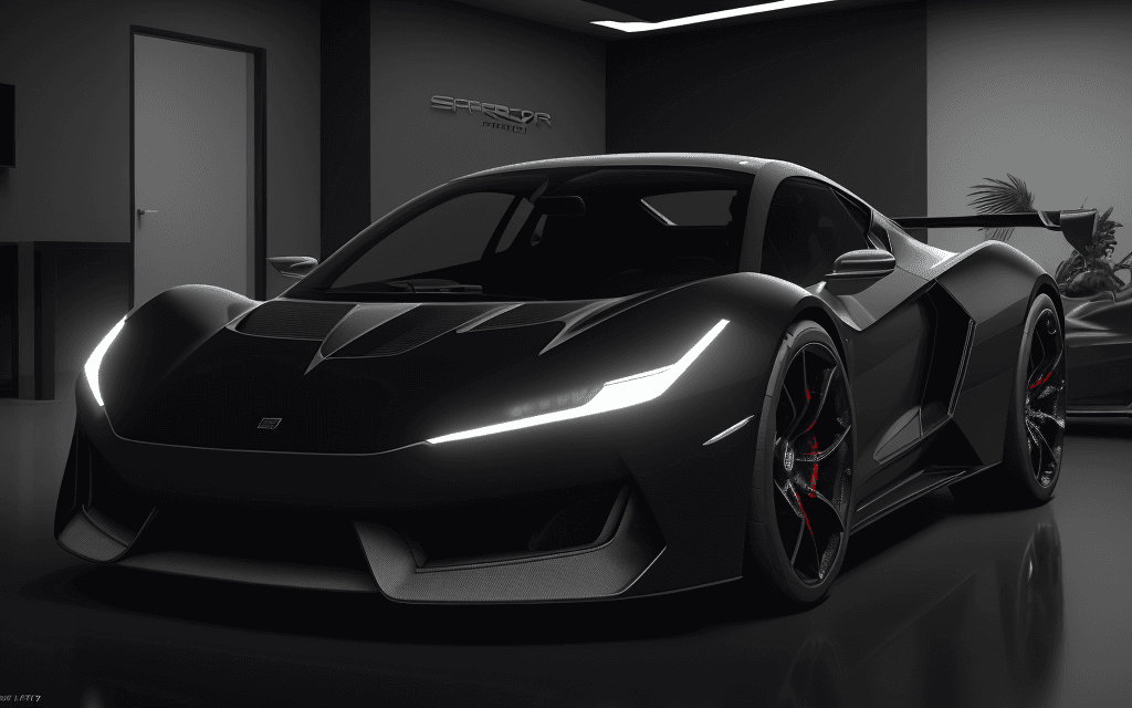AI generated: a made in 2023 supercar, black and silver trim, the front view of the car, at a showroom setting, sh...