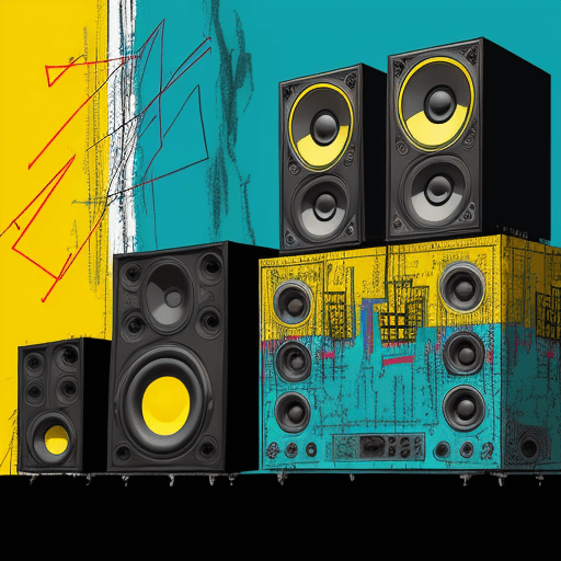 AI generated: Abstract composition pattern of speakers and dj equipment.  Primary colors of dark teal and dark yel...