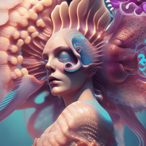 AI generated: Goddess close-up portrait ribcagel. jellyfish phoenix head, nautilus, orchid, skull, betta fish, bio...