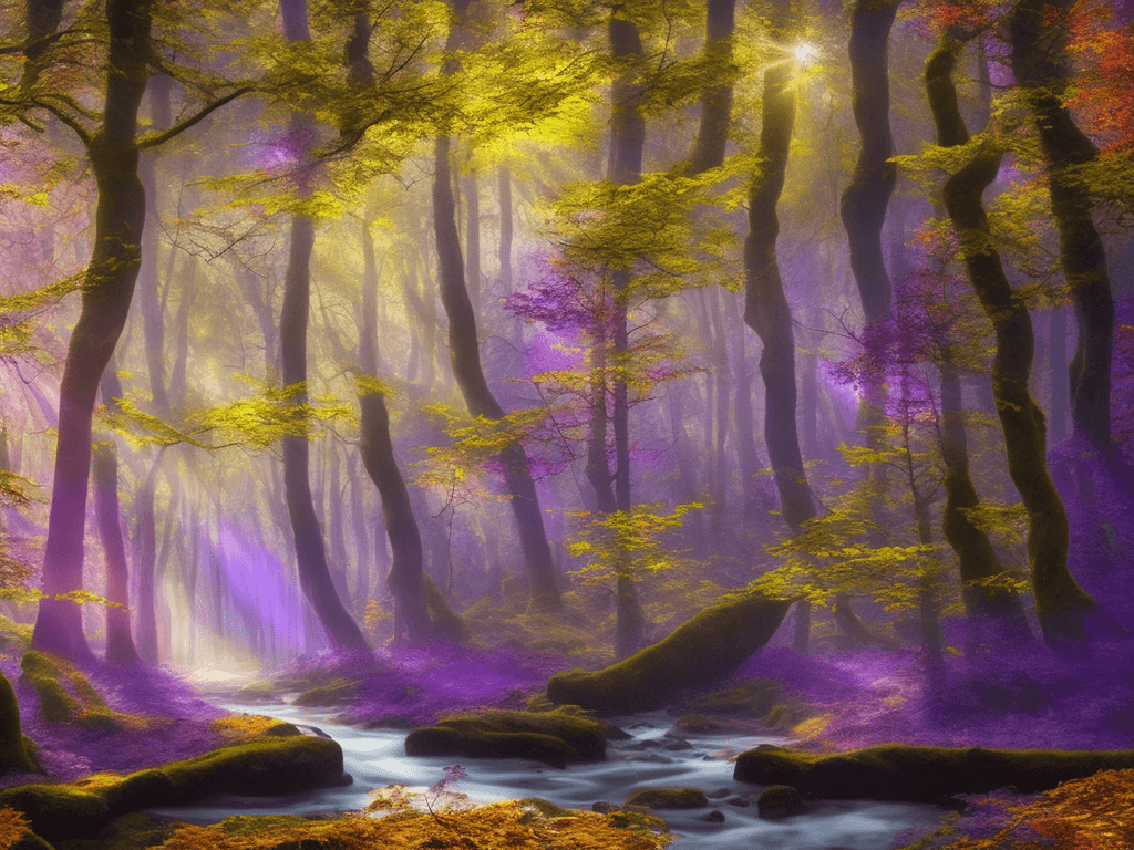 AI generated: Enchanted Forest, lush, autumn colours, lord of the rings, day time, unicorns, giant trees, purple s...