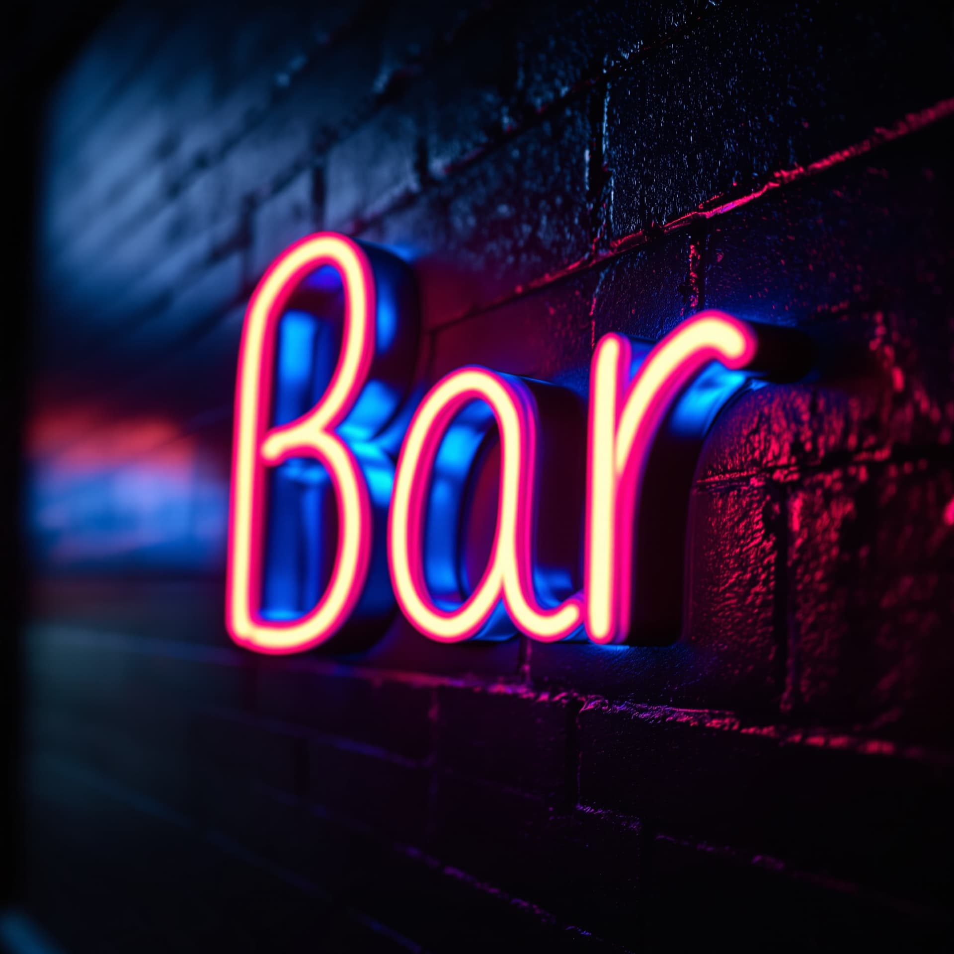 AI generated: A close-up photo of a glowing neon sign that reads “Bar”, mounted on a dark brick wall, realistic li...