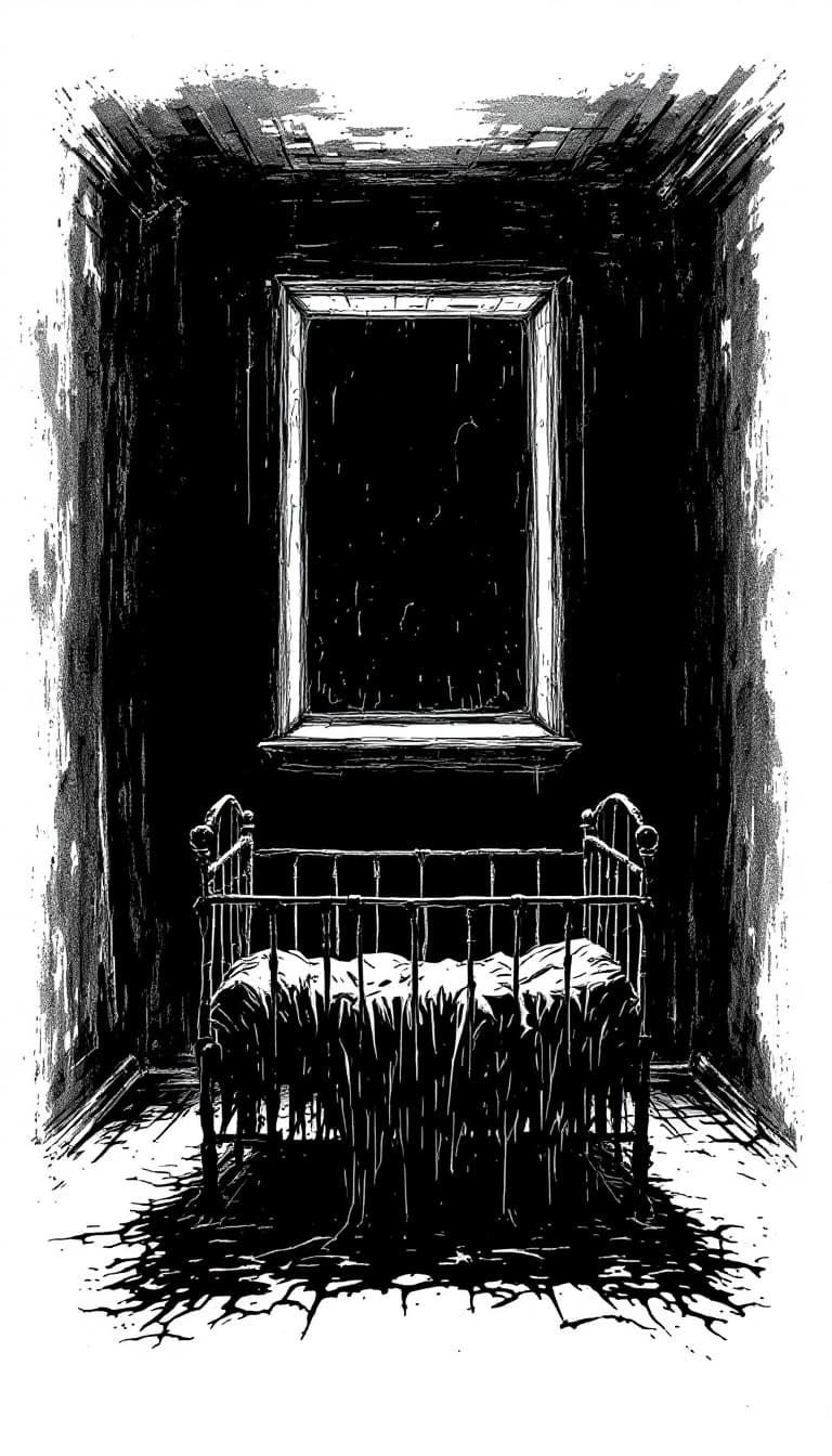 AI generated: creepy black ink drawing of a Terrifying crib under a dark bedroom window at night, , surreal and un...