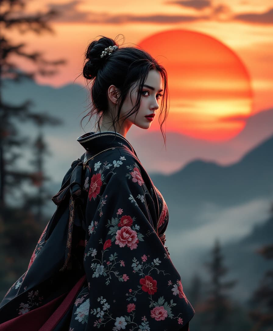 AI generated: In a hyper-realistic cinematic style, a poised female samurai stands contemplatively at sunset, her ...