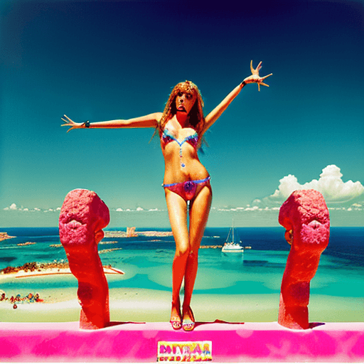 AI generated: hot summer girl in ibiza, in the style of david lachapelle, surreal photography, hypermaximalist 