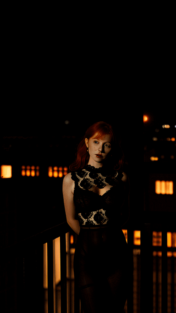 AI generated: A woman with ginger hair in a black lace body standing by a balcony. 
The background include city ni...