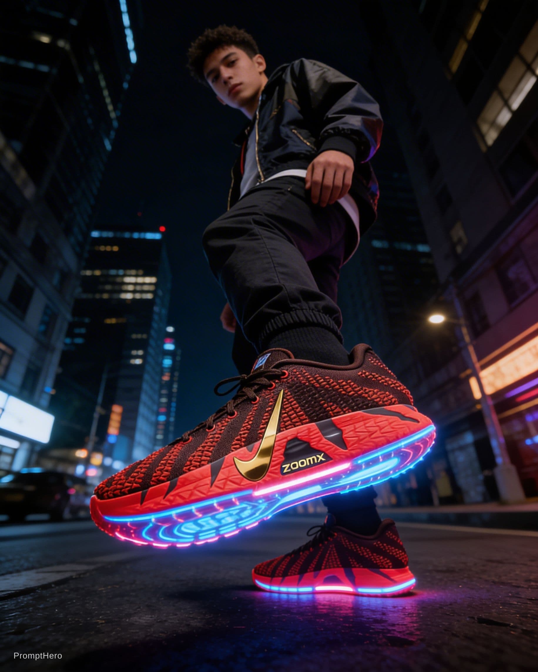 AI generated: A stylish young man wearing futuristic glowing sneakers, neon lights embedded in the soles, standing...
