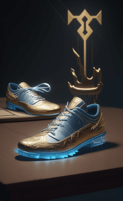 AI generated: Shoes on the table with the design and character of thor The Shoes is gold and Blue dark, no waterma...