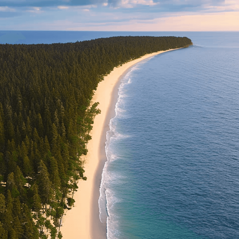 AI generated: photorealistic oil on canvas,
sparse clouds, soaring sky, 
small pine trees, beach,
beautiful settin...