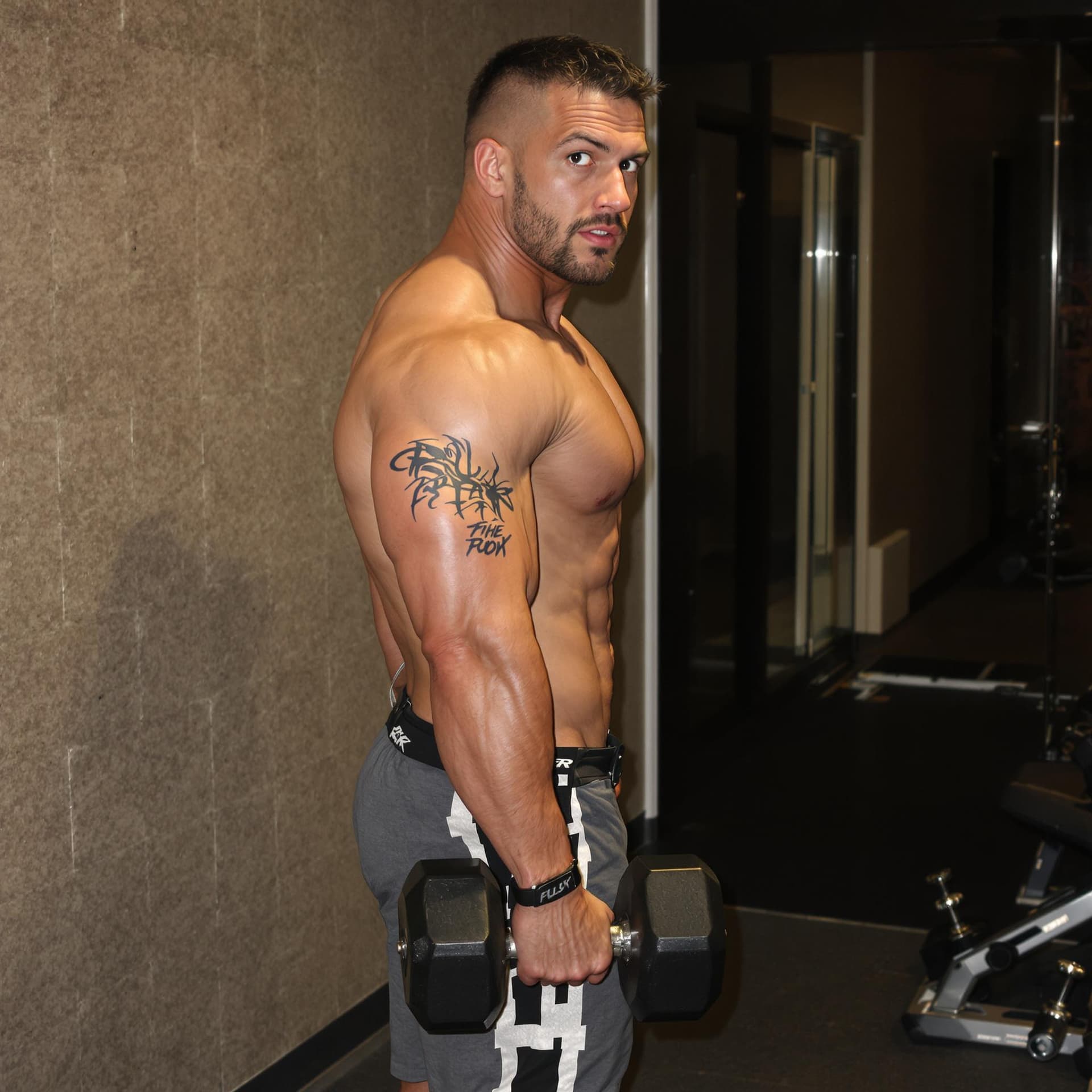 AI generated: side view of bodybuilder standing, lifting a dumbbell while looking at the camera
