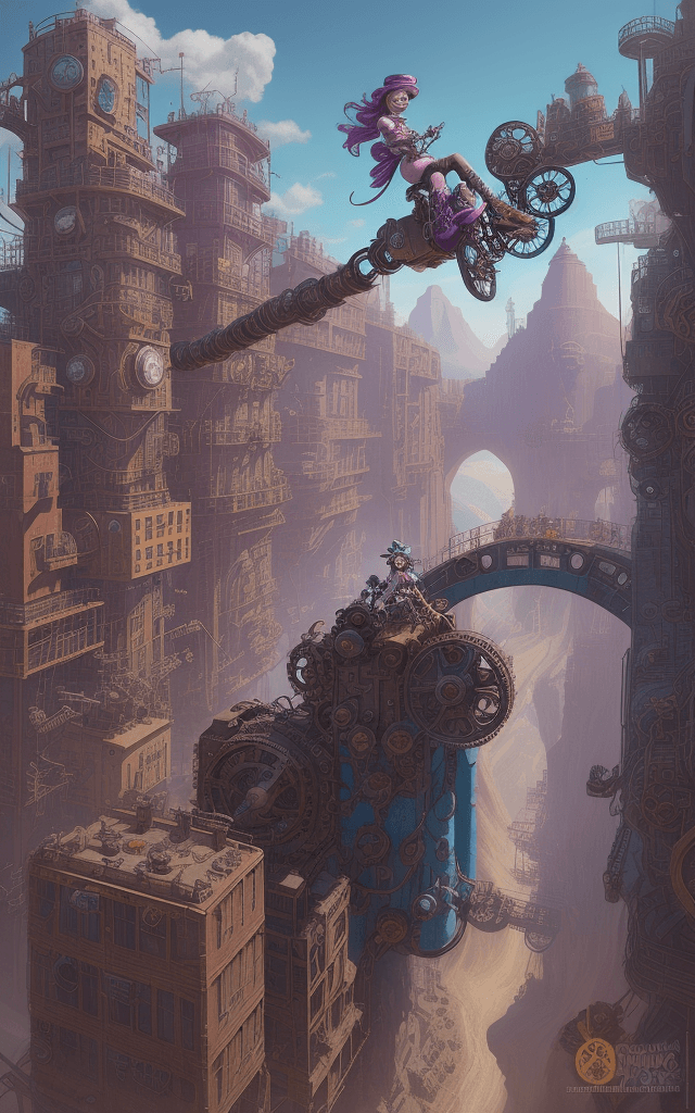 AI generated: Step into the vibrant world of Pistonella, where the day brings forth an array of mechanical marvels...