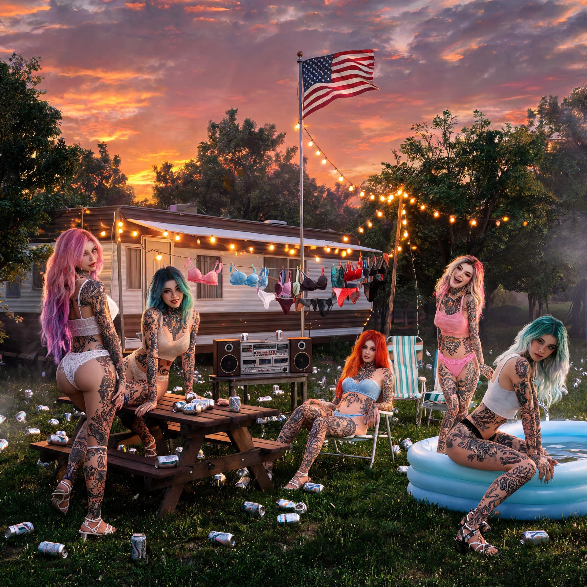 AI generated: A realistic, extremely detailed, and high-resolution photo of five, American female models posing ar...