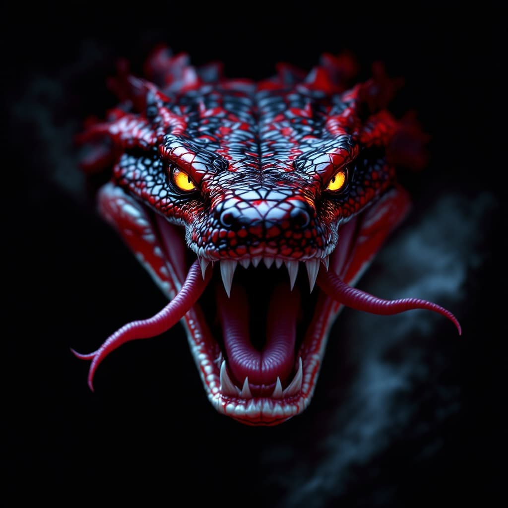 AI generated: A red and black snake with its mouth open, hyper-realistic animal illustrations, detailed character ...