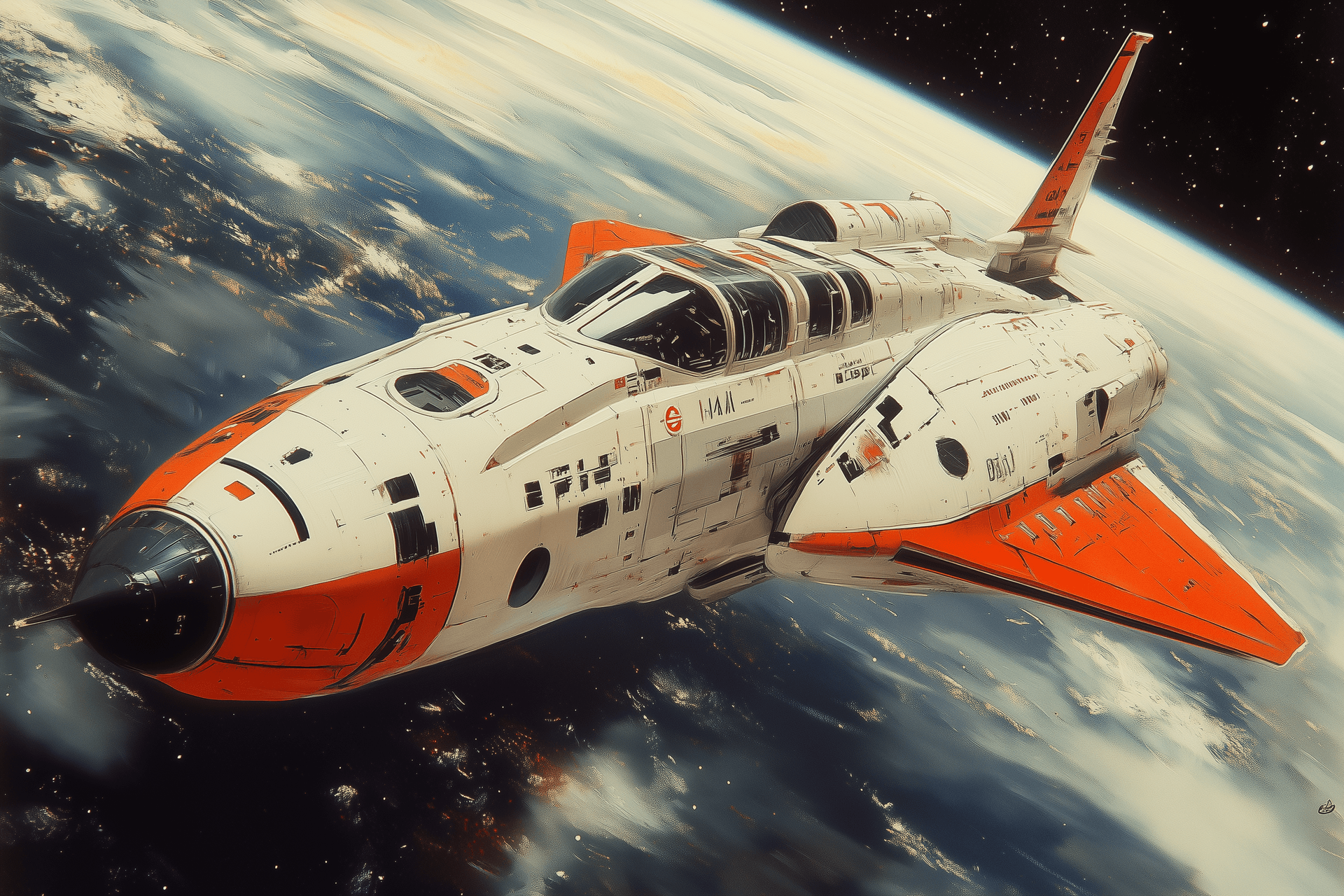 AI generated: 70s sci-fi fantasy magazine art illustration of a spaceship, in the style of Noriyoshi Ohrai, Syd Me...