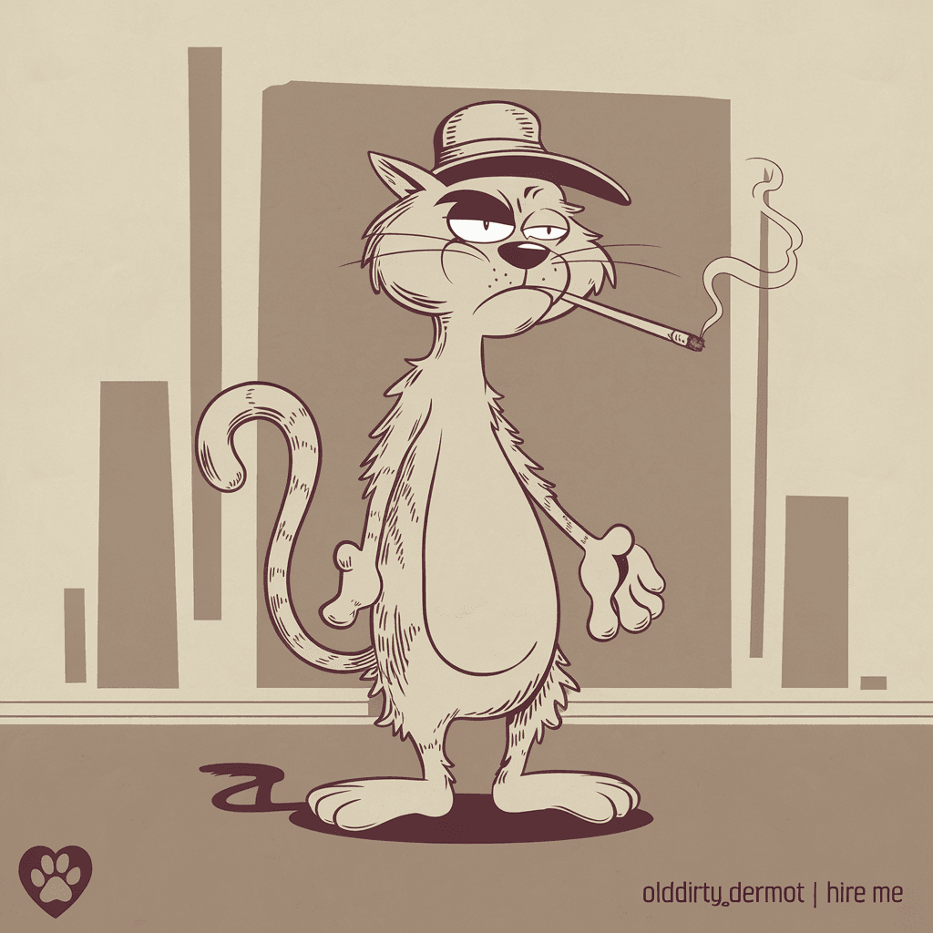 AI generated: , squinting expression, a cigarette dangling from its mouth with a curling smoke trail, and a scruff...