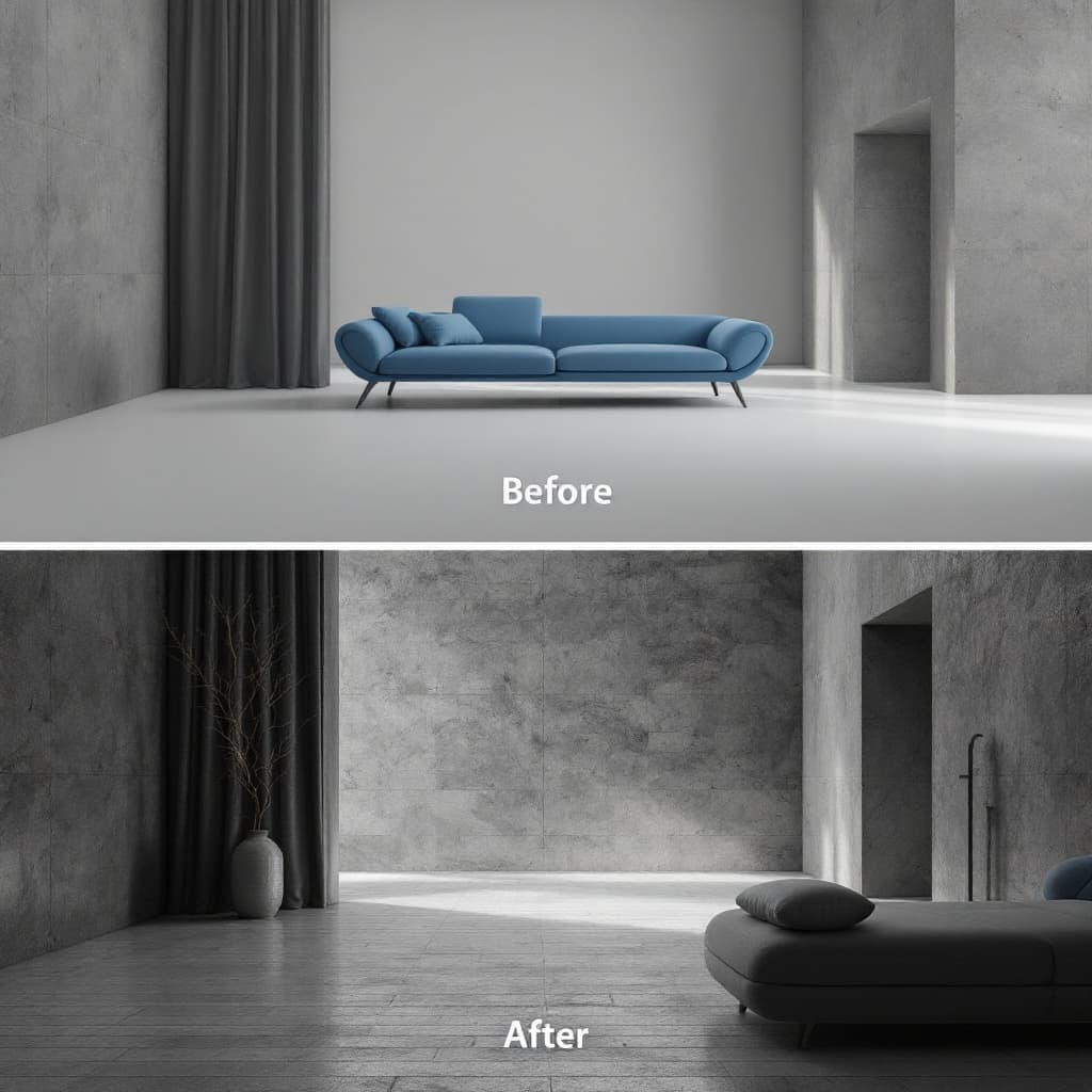 AI generated:  Before & After concept (empty space vs. 3D render