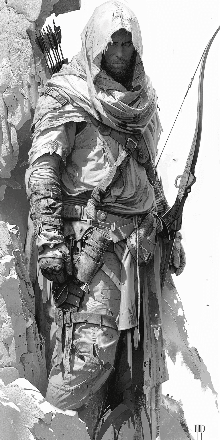 AI generated: A line-art coloring page of a weathered Ranger holding a longbow while wearing a cloak made from tat...