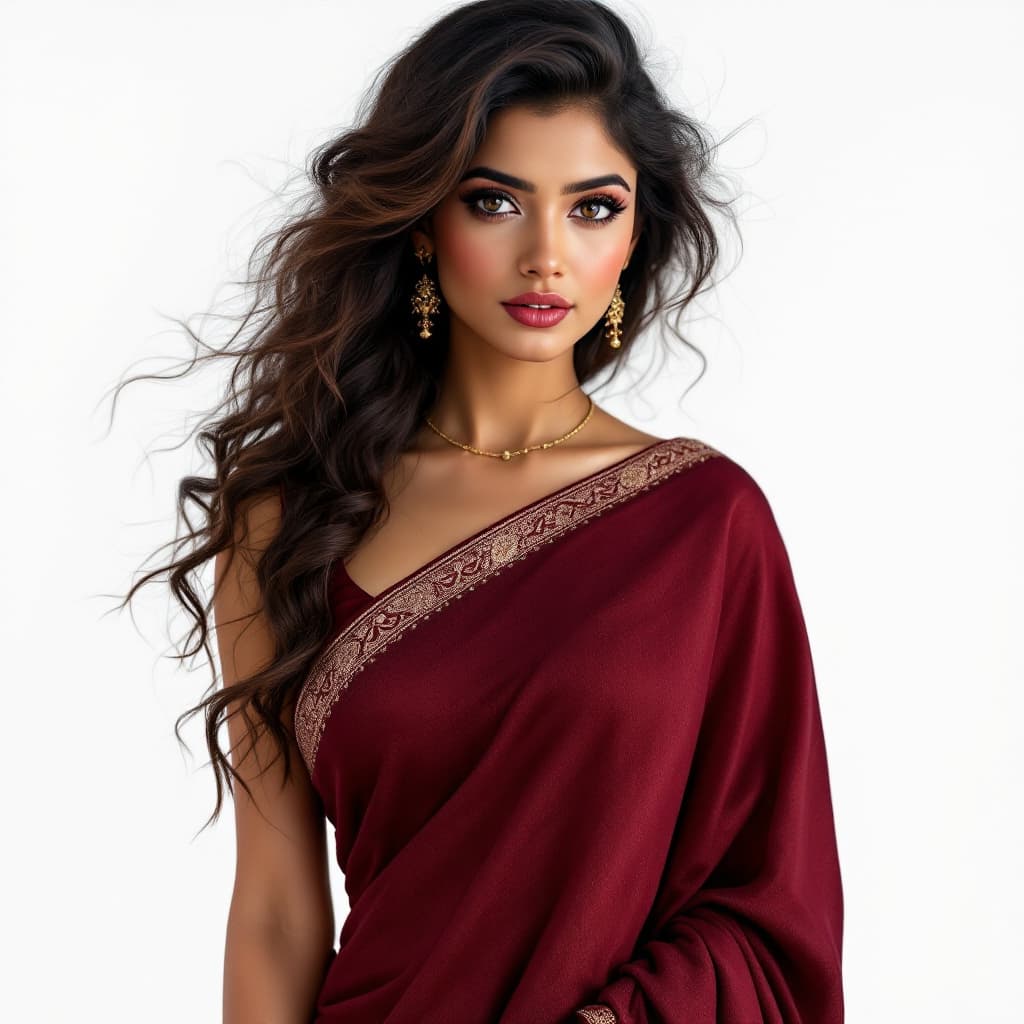 AI generated: Hyper realistic full body hot Indian girl, maroon saree, big eyes, curly hair.