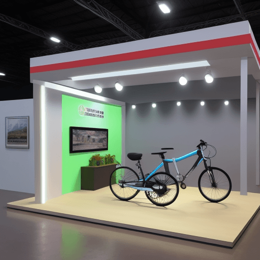 AI generated: ILUMINATED sTAND FOR WINDSOR BYCICLE COMPANY IN MEXICO, OF 6 X 6 METERS. IN A EXPOSITION BUILDING, W...