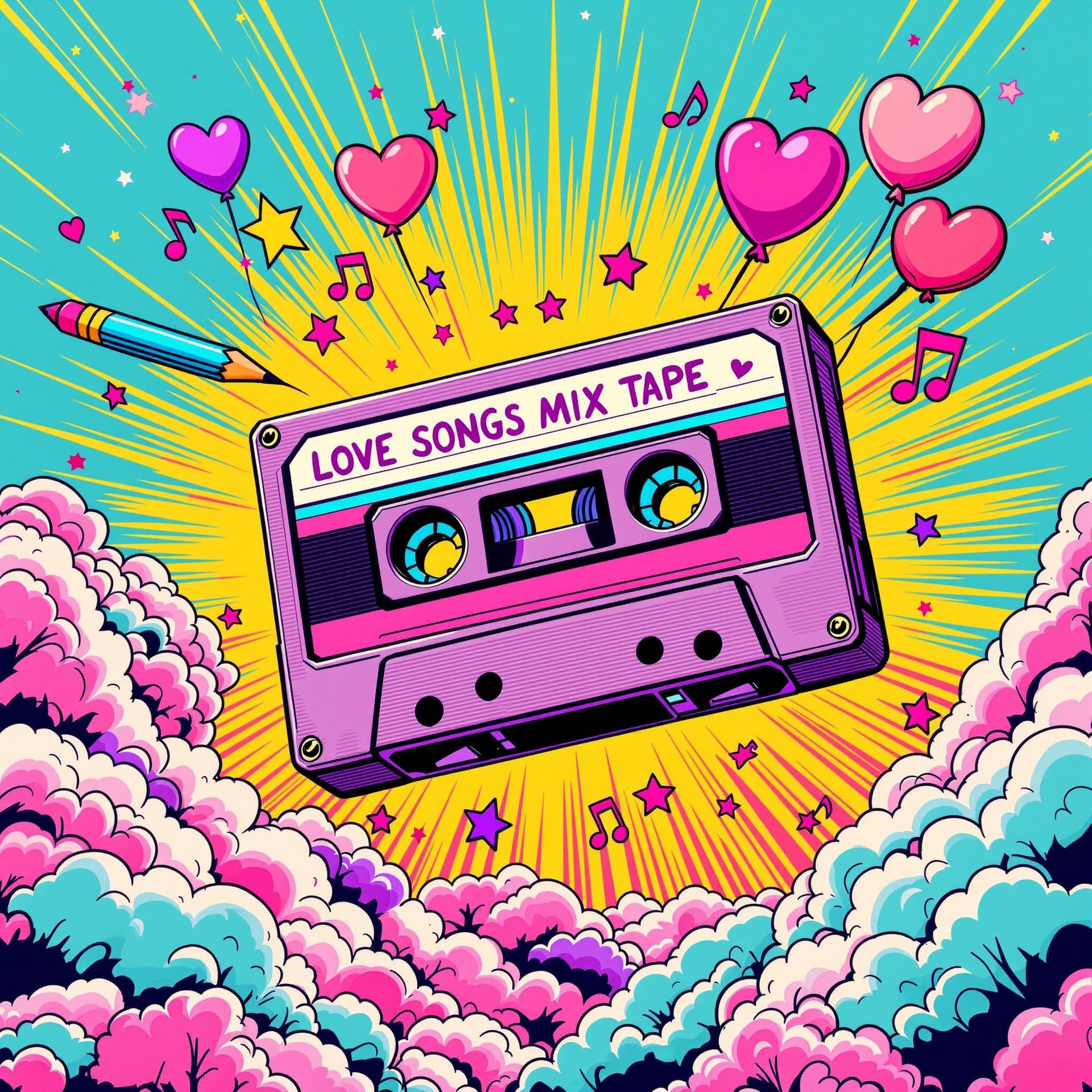 AI generated: Vibrant 2D pop art illustration of a retro ‘LOVE SONGS MIX TAPE’ cassette floating in a dreamy explo...