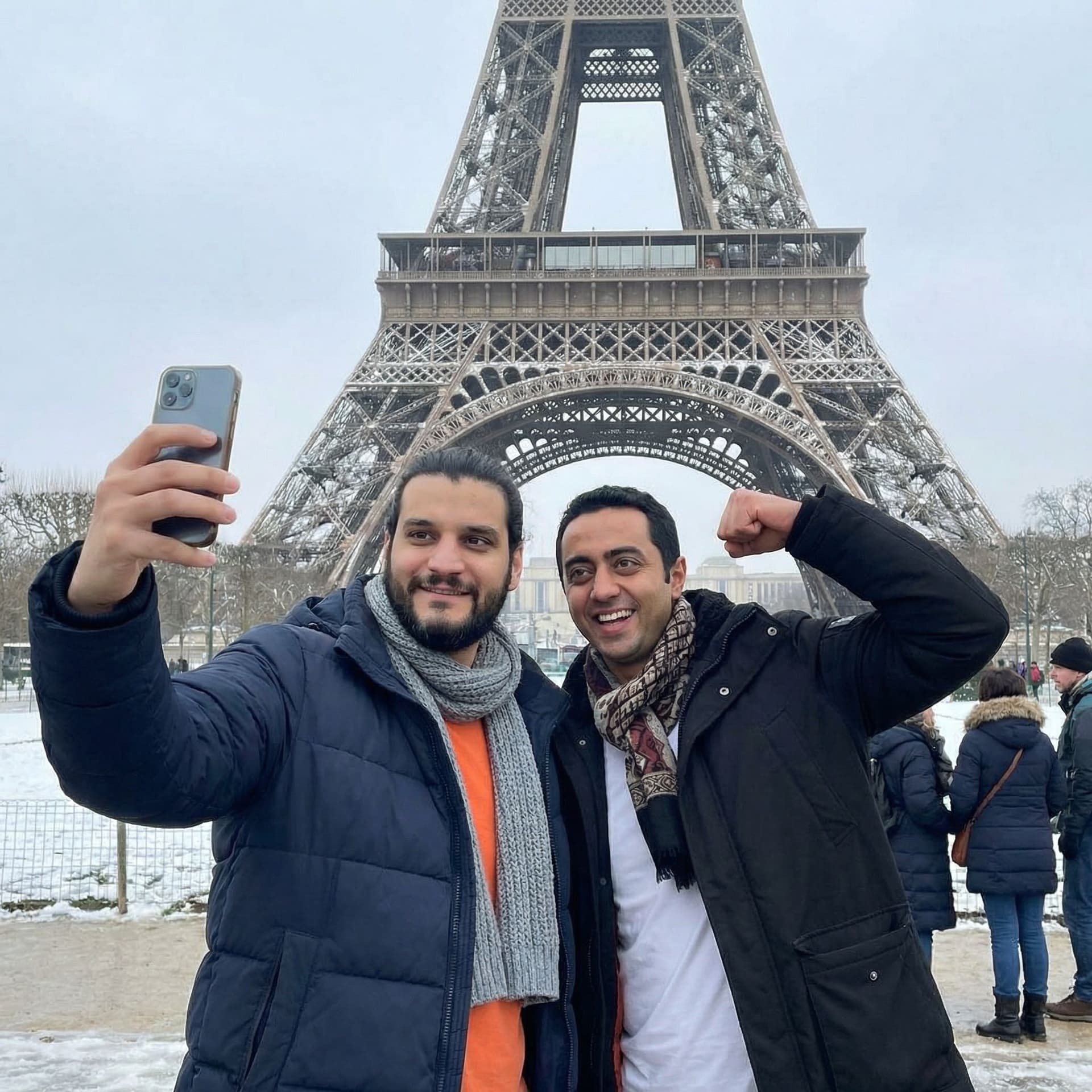 AI generated: Adding two friends at Eiffel tower, wearing jackets at winter time 