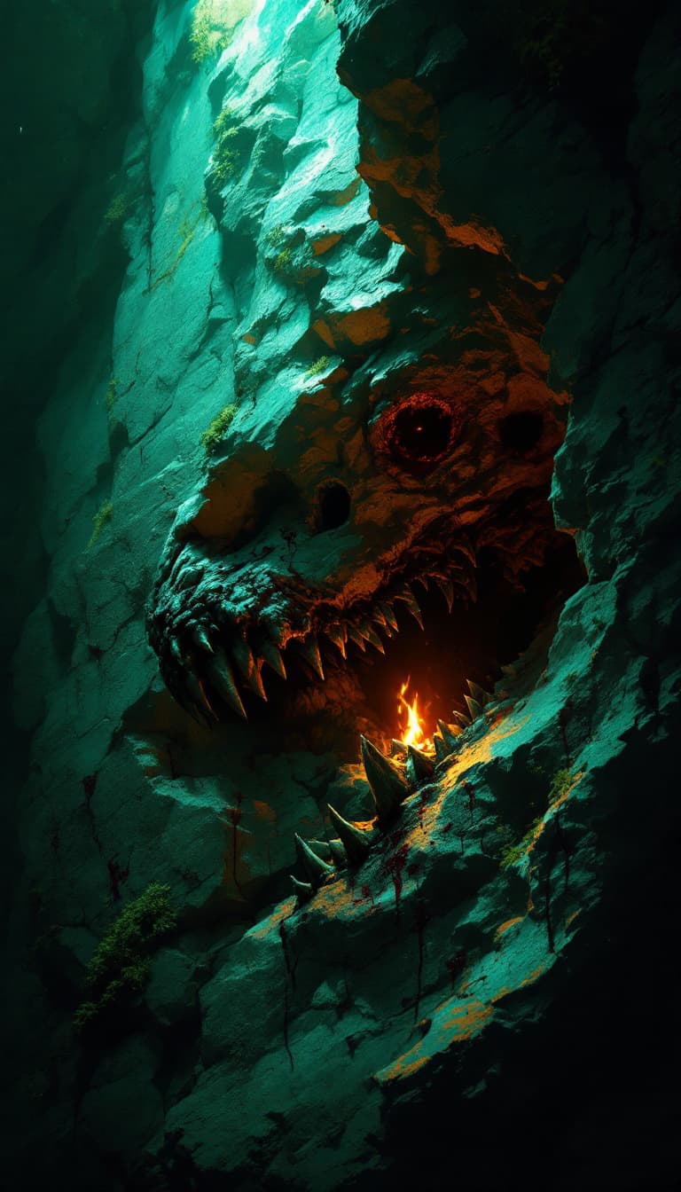 AI generated: A hyper-realistic digital painting of a prehistoric fossil embedded in a damp, ancient cave wall. Th...