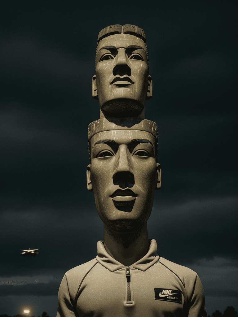AI generated: young man moai head using nike tracksuit, accurate symmetry of the sky, night time, rainy day, polic...